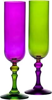 Krosno Coloured Champagne and Prosecco Glasses - 2 x 220ml - Bubble Collection - Green and Violet - Lead Free Glass - Hand Painted