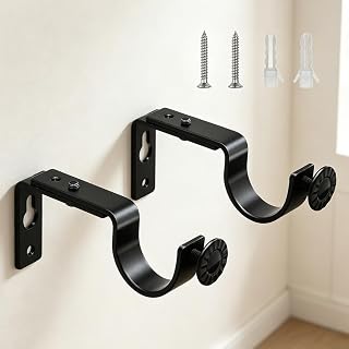 Curtain Rod Bracket, Adjustable Curtain Rod Brackets, Metal Hooks for Hanging Window Draperies (Black, 2 Pieces)