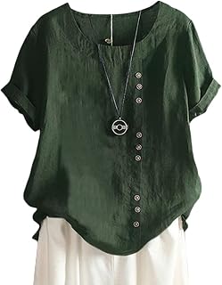 ORANDESIGNE Linen Shirt Short Sleeve Women Casual Vintage Tops Blouse T-Shirts Short Sleeve Crew Neck Tunic Tops Shirt Loose Plus Size T Shirt