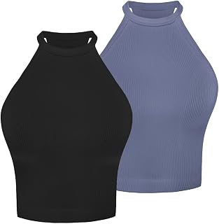 Sunzel Women's Ribbed Seamless Halter Neck Cropped Yoga Worokout Tank Top