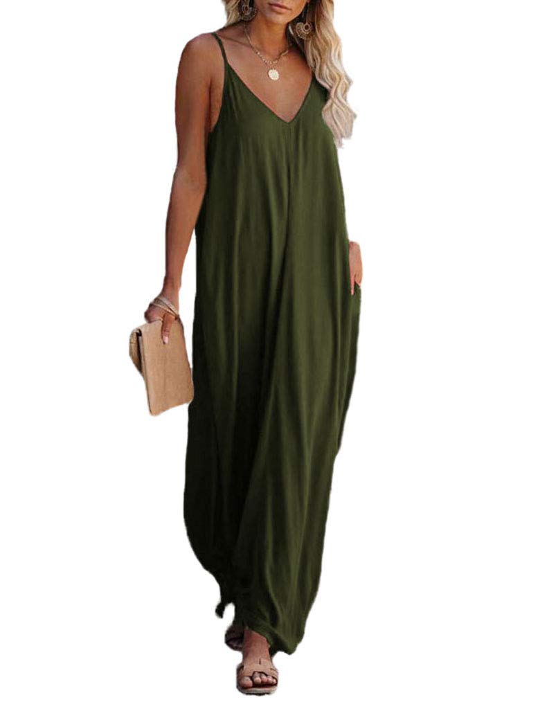 Poetsky Womens Casual Strappy V Neck Sleeveless Flowy Pockets Loose Long Maxi Be