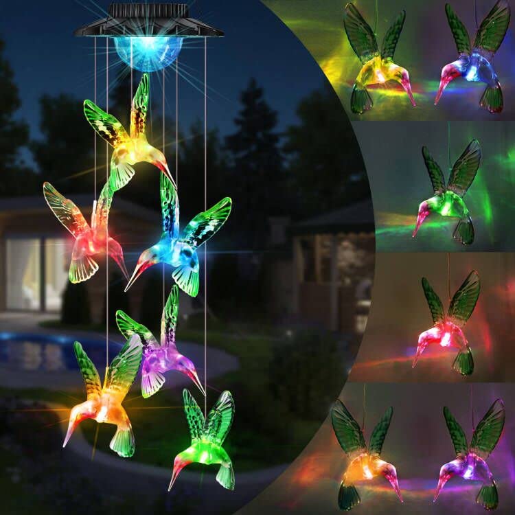 Solar Wind Chimes, LED Hummingbird Color Changing Outdoor Indoor Waterproof Mobi