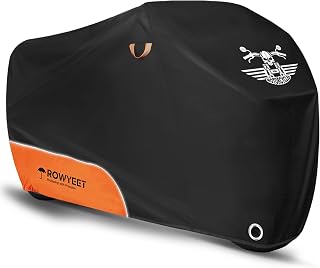 ROWYEET Motorcycle Cover Waterproof Outdoor Storage All Season Protection | Orange 210D, Fits up to 96.5", Lock-Holes, Storage Bag & Night Reflective Design, Powersports Vehicle Covers