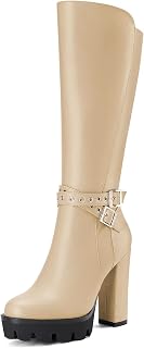 Castamere Women's Chunky Wide High Heel Closed Toe Round Toe Half Zipper Buckle Closure Office Classic Boots