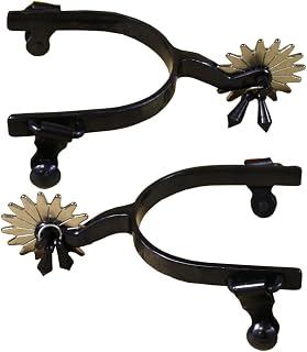 Aime Imports Western BS Slim 16pt Mens Jingle Bob Spurs | Black steel construction, rust-resistant, 1/2" band, 2" shank, 16-point rowel with jingle bobs, ranch work and trail riding
