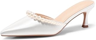 Coutgo Sandali da donna con tacco a gattino perlato, punta chiusa, senza lacci, in raso, per abito da sposa, bianco, 6