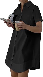 Rooscier Women's Casual Shirt Dress Collar V Neck Button Down Short Sleeve Loose Mini Dresses