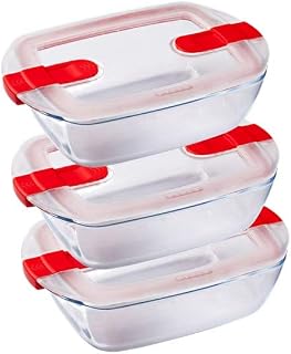 Pyrex 1451130 Cook and Heat Cook & Heat - Set of 3 Foods Rectangular Glass 1.1 Litre with Airtight Lid, Specially Designed for the Microwave - Food Storage Containers