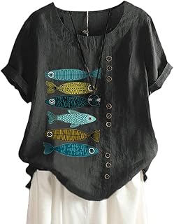 ORANDESIGNE Linen Shirt Short Sleeve Women Casual Vintage Tops Blouse T-Shirts Short Sleeve Crew Neck Tunic Tops Shirt Loose Plus Size T Shirt