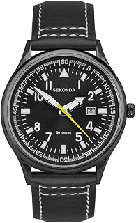 Sekonda Men's 42 mm Pilot Style Quartz Watch with Analogue Display Date Window and Leather Strap 50 m Water Resistant