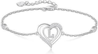 RIVIKO Heart Initial Bracelets for Women,925 Sterling Silver Letter Bracelets, Personalized Charm Alphabet Jewelry Valentines Christmas Mother’s Day Birthday Gifts for Women Friend Her Mom Wife Lady