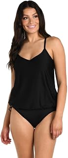 [24th & Ocean] Women's Tankini Top Underwire V-Neck Blouson Tankini Swimsuit Top Blue