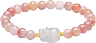ZHOU LIU FU 18K Gold Bracelets Chalcedony Beaded Bracelet Pixiu Charm Bracelet Natural Round White/Pink/Green Chalcedony Red Agate Gemstone Stretch Bracelets Healing Bracelet for Women Mom Lover