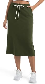 Women's Casual High Waist Elastic Drawstring Stretch Sweat Slit Midi Skirt with Pocket