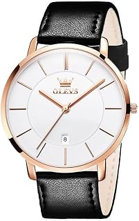OLEVS Men Leather Watches Black Ultra Thin 6.5mm Minimalist Dress Fashion Simple Casual Waterproof Date Watch for Men