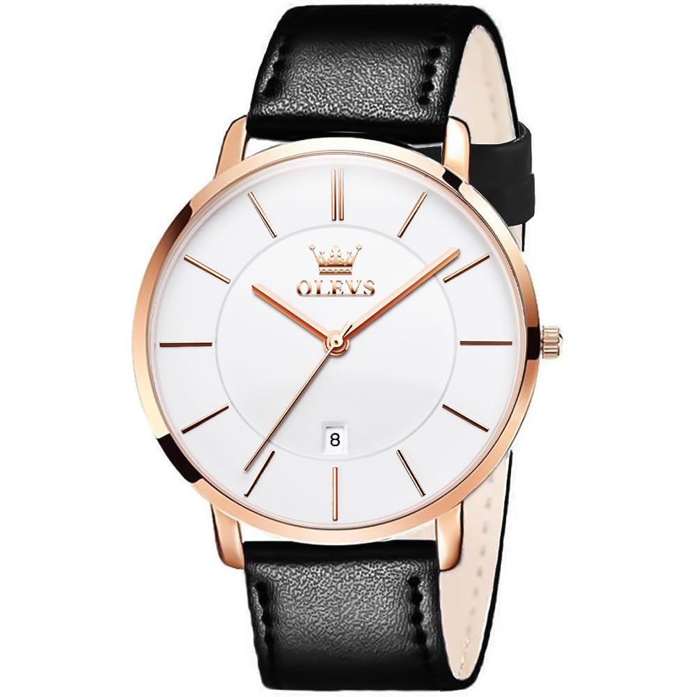 OLEVS Men Leather Watches Black Ultra Thin 6.5mm Minimalist Dress Fashion Simple