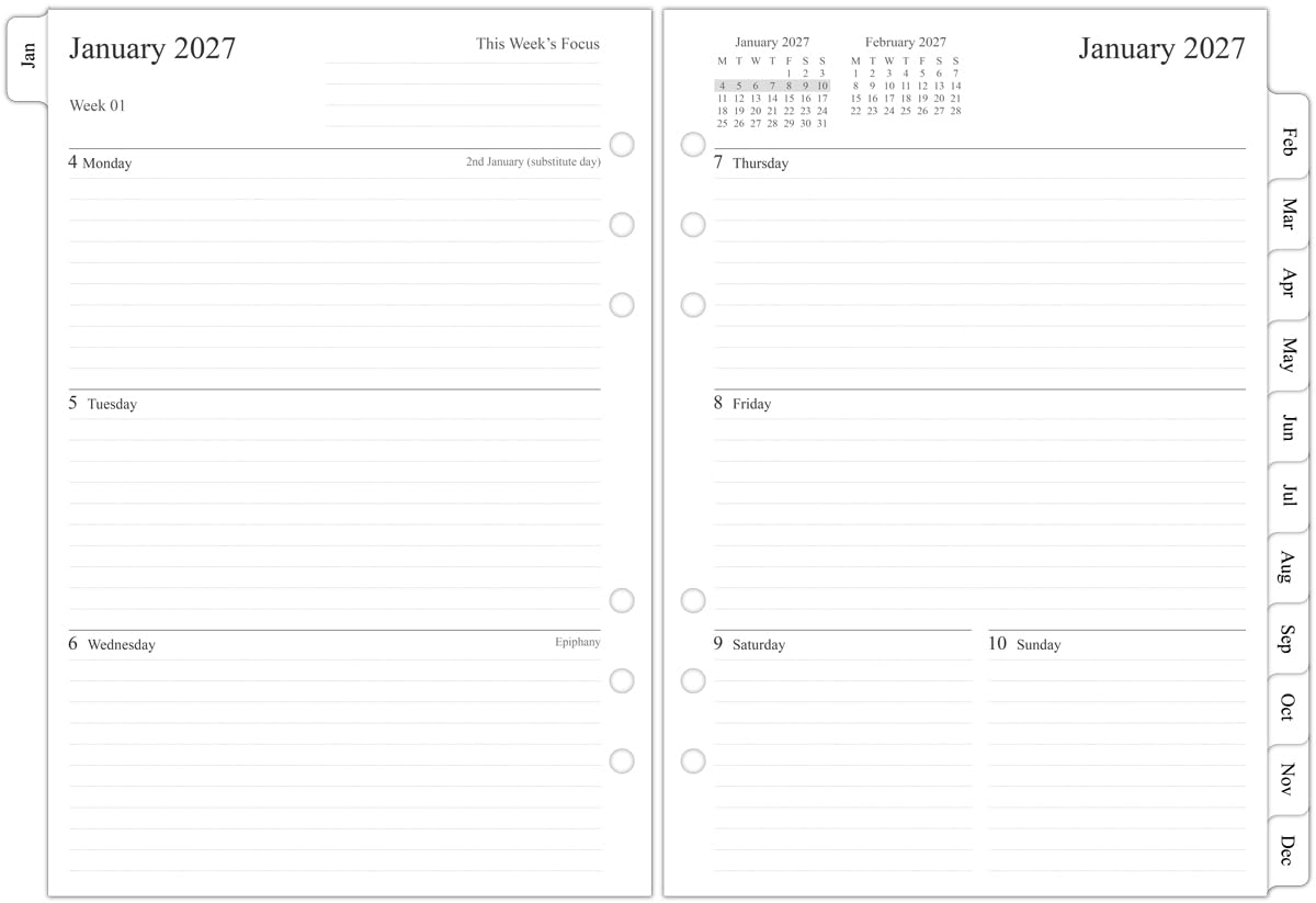 Orgnizme 2027 Diary Refill A5 Size, Week on Two Pages, Monthly Tabs, Filofax A5 