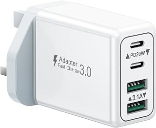 USB C Plug, 40W 4-Port Fast Charger Plug UK Dual Port PD Power Adapter +QC Multi Mains Wall Charger Type C Charging Plug for iPhone 17 16 15 14 13 12 11 Pro Max Plus XS XR SE,Samsung, iPad, AirPods