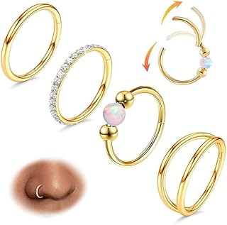 4PCS Nose Ring Hoop for Women Men Hinged Double Nose Hoop CZ Opal Clicker Septum Ring 18G Surgical Steel Cartilage Conch Tragus Rook Daith Piercing Jewelry Gold Silver 7/8/9/10MM