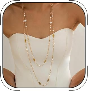 Long Pearl Necklace for Women, Pearl Long Chain Necklace, Gold Chain Dainty Station Necklace Jewelry for Dress Party