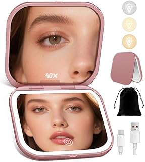 Magnifying Mirror with Light, Rechargeable Compact Makeup Mirror 40X Rose | 3 Lighting Modes & Dimmable Brightness, Essentials for Travel, Pocket, Purse, Small, Handheld, Travel Pouch, Tweezers 750mAh
