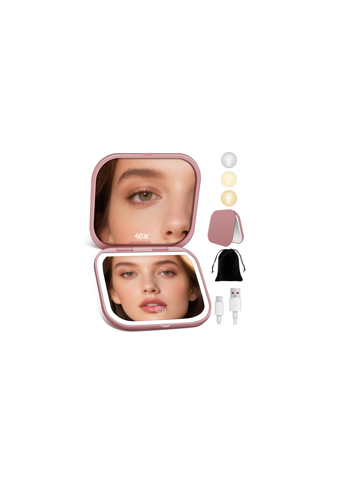 Magnifying Mirror with Light, Rechargeable Compact Makeup Mirror 40X Rose | 3 Li