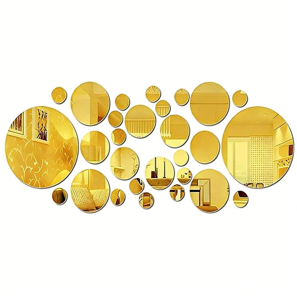 33 Pieces Gold Round Acrylic Mirror Wall Decor, Shatterproof Self-Adhesive Acryl