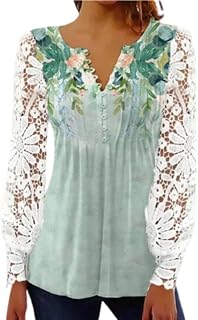 Onsoyours Women's Sexy Chic Tops Long Sleeve Lace Loose Tunic Blouse Elegant Fashion V-Neck Shirts Tops Printed Autumn Pullover