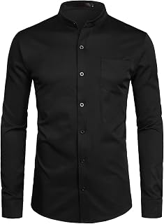 PARKLEES Men's Long Sleeve Grandpa Collar Dress Shirts with Pocket