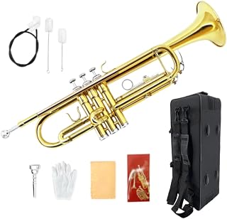 WUQIMUSC Bb Trumpet for Beginners – Standard B Flat Brass Instrument with 7C Mouthpiece, Hard Case & Cleaning Kit, Student Trumpet for Band Practice, Lessons & Gift (Golden)