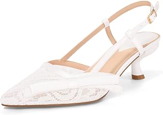 Coutgo Scarpe da donna con tacco basso a forma di gattino, chiuse, punta appuntita, fiocco, scarpe da sposa