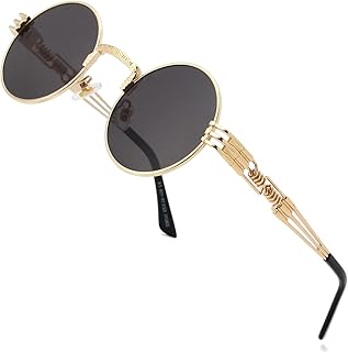 AIEYEZO Round Steampunk Sunglasses for Men Women Retro Circle Hippie Glasses Metal Frame 100% UV Blocking Lens