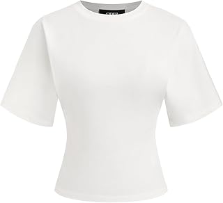CIDER Maglietta da donna a maniche corte con scollo rotondo, vestibilità aderente, in cotone, estiva, casual