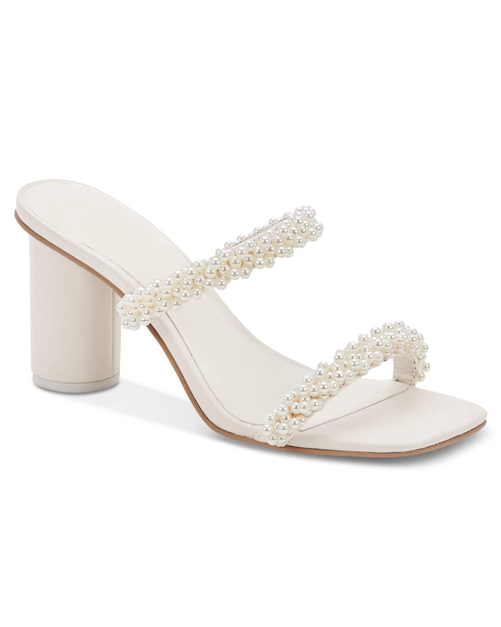 Womens Chunky Heeled Sandals Pearl Strappy Open Square Toe Slip-on Block Heels B