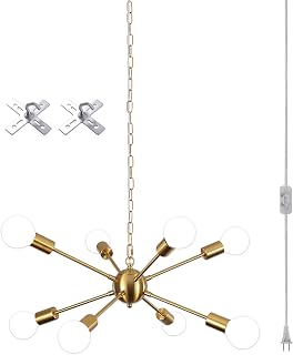 LASENCHOO 8 Lights Plug in Chandelier Sputnik, Hanging Lights that Plug in Gold Chandelier Ceiling Lights for Bedroom Dining Room Living Room, Hanging Lamps with Plug in Cord 16.4ft & Switch Outdoor