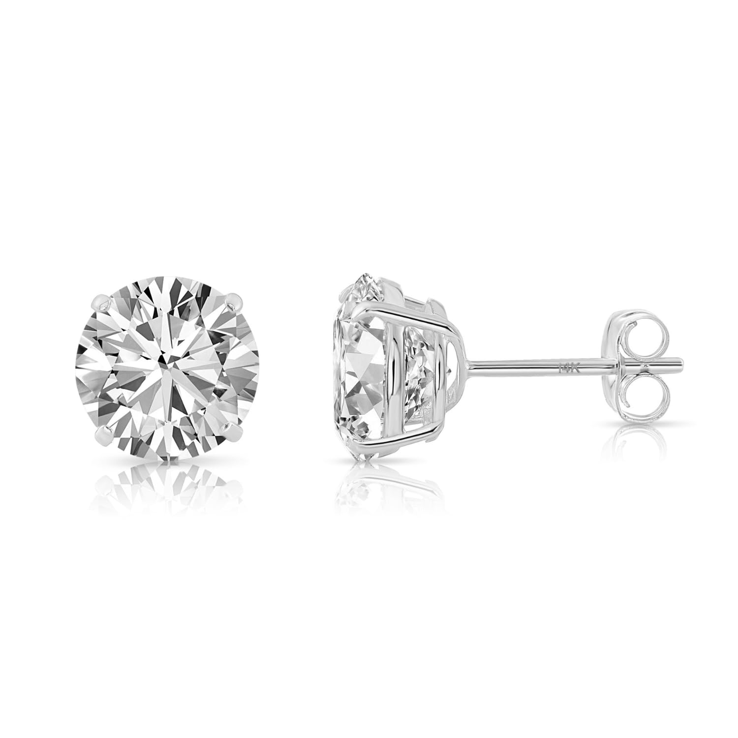 14k White Gold Solitaire Round Cubic Zirconia Stud Earrings with Pushbacks
