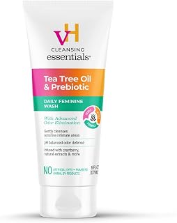 vH Essentials Tea Tree Daily Feminine Wash 6oz - pH Balanced + Odor Control | Odor Eliminating Vaginal Wash With Tea Tree Oil, Prebiotics and Cranberry, Gentle Cleanser and pH Balancing