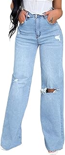 shownicer Women's Long Jeans High Waist Jeans Wide Jeans Baggy Denim Straight Trousers Vintage Stretch Casual Jeans Straight Wide Leg Pants Denim Trousers