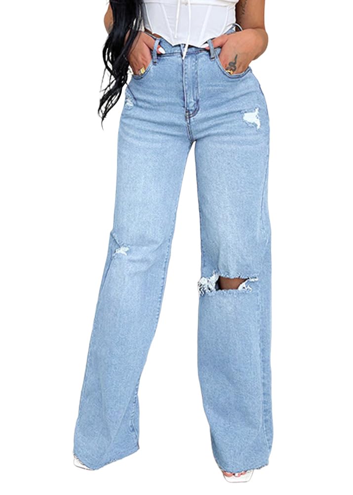 shownicer Women's Long Jeans High Waist Jeans Wide Jeans Baggy Denim Straight Tr