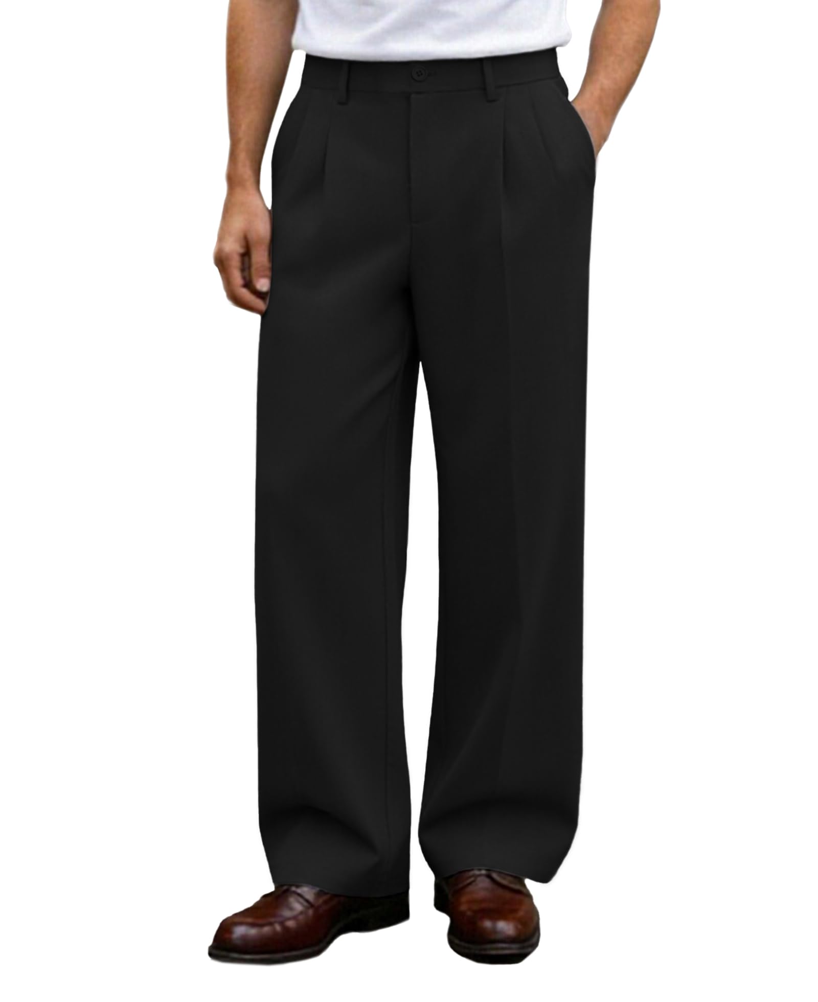Susclude Mens Casual Dress Pants Old Money Pleated Baggy Wide Leg Slacks Vintage