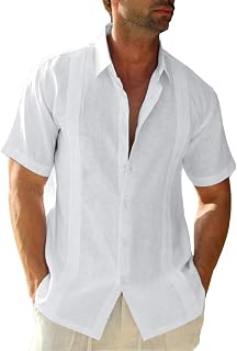 Camisa guayabera de manga corta para hombre, de lino, algodón, estilo hippie, playa, con botones