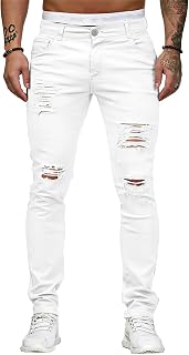 HUNGSON Men's Blue Slim Fit Jeans Stretch Destroyed Ripped Skinny Jeans Side Striped Denim Pants