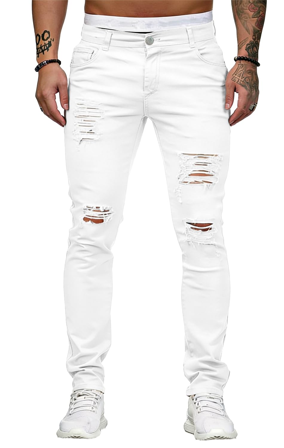 HUNGSON Men's Blue Slim Fit Jeans Stretch Destroyed Ripped Skinny Jeans Side Str