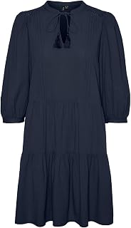 VERO MODA Short Crepe Dress Drawstring Midi Dress 3/4 Sleeve Summer Tunic Dress.
