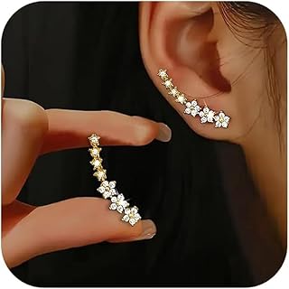 Flower Ear Climber Stud Earrings for Women Dainty Cubic Zirconia Star Shiny Stud Cuff Crawler Earrings Jewelry Gift