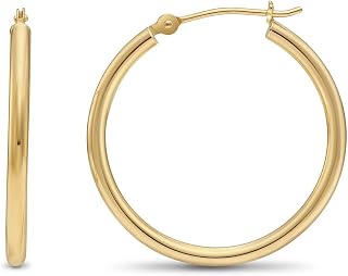 14k Yellow Gold Classic Shiny Polished Round Hoop Earrings 2mm Tube, Yellow Gold, na