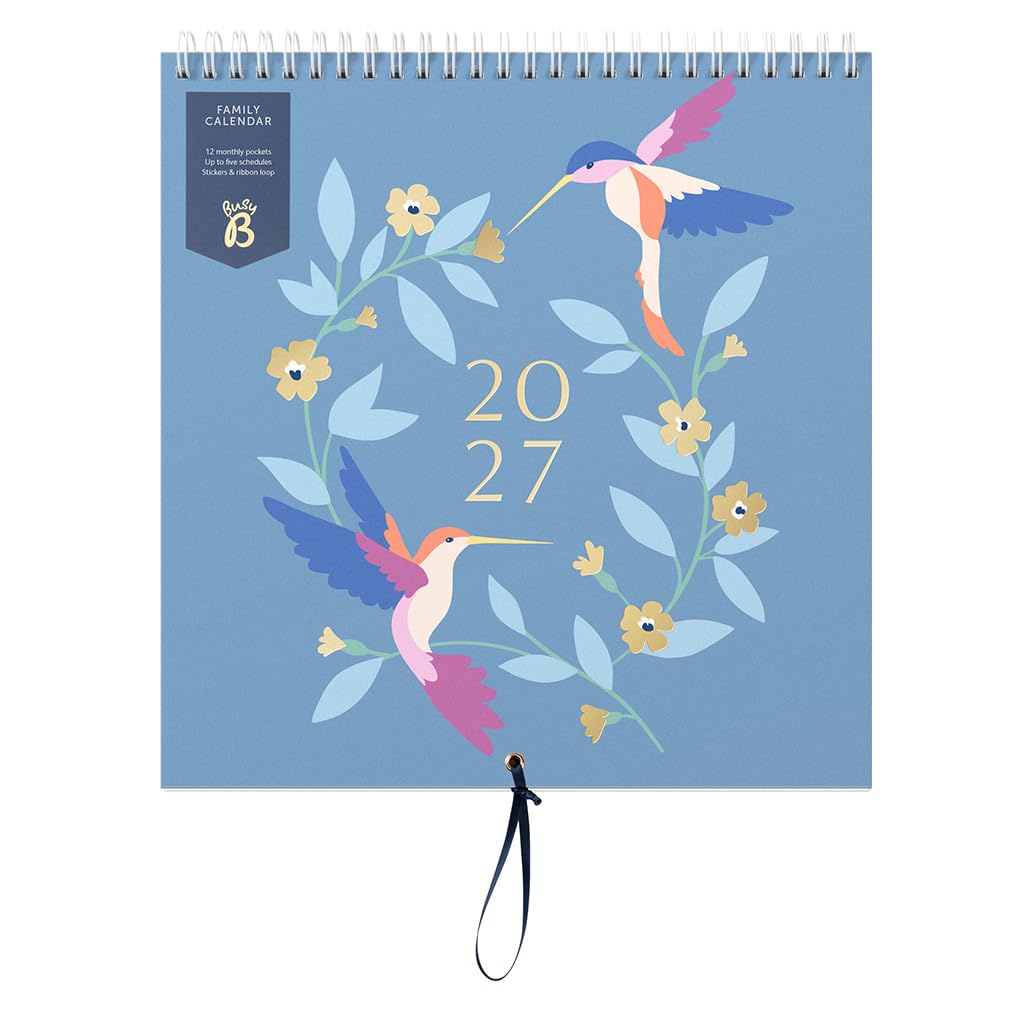 Busy B 2027 Family Wall Calendar - Blue Birds - 5 Columns & Storage Pocket | The
