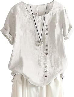 ORANDESIGNE Linen Shirt Short Sleeve Women Casual Vintage Tops Blouse T-Shirts Short Sleeve Crew Neck Tunic Tops Shirt Loose Plus Size T Shirt
