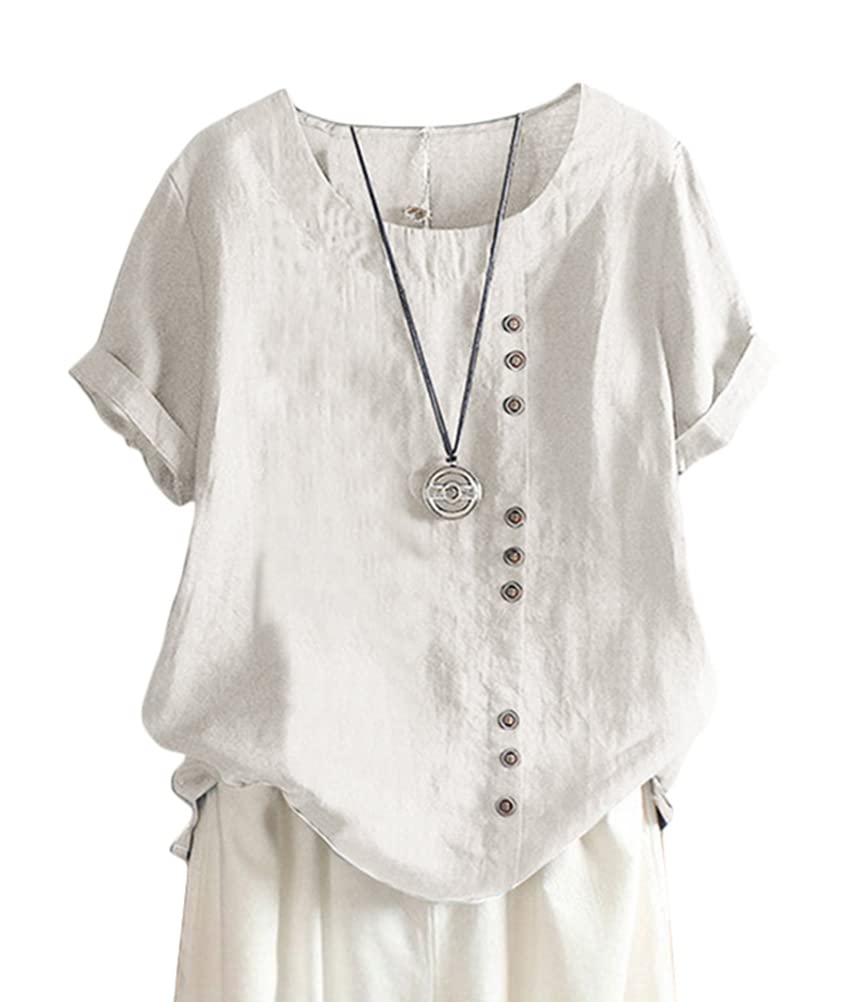 ORANDESIGNE Linen Shirt Short Sleeve Women Casual Vintage Tops Blouse T-Shirts S