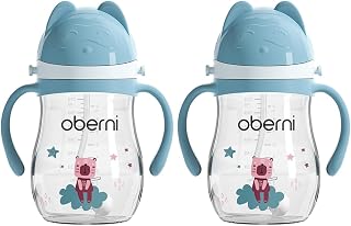Oberni No Spill Sippy Cups, Double Sealing Leakproof Water Bottle with Weighted Straw and Non-Slip Handle for Toddler 1-3 Years, Tritan Baby Cups 12+ Months, 270ml/9oz (2Pack,Blue)